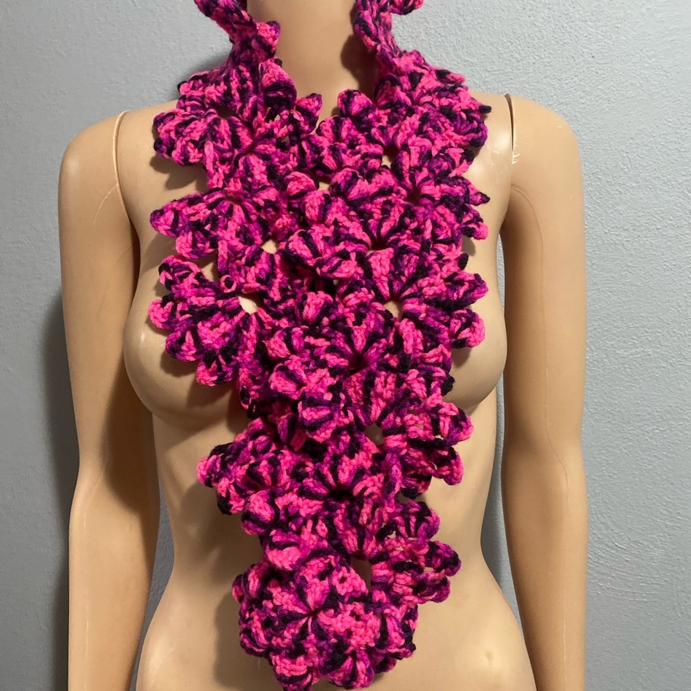 Handmade black purple and Pink Floral Crochet Scarf 41” length
